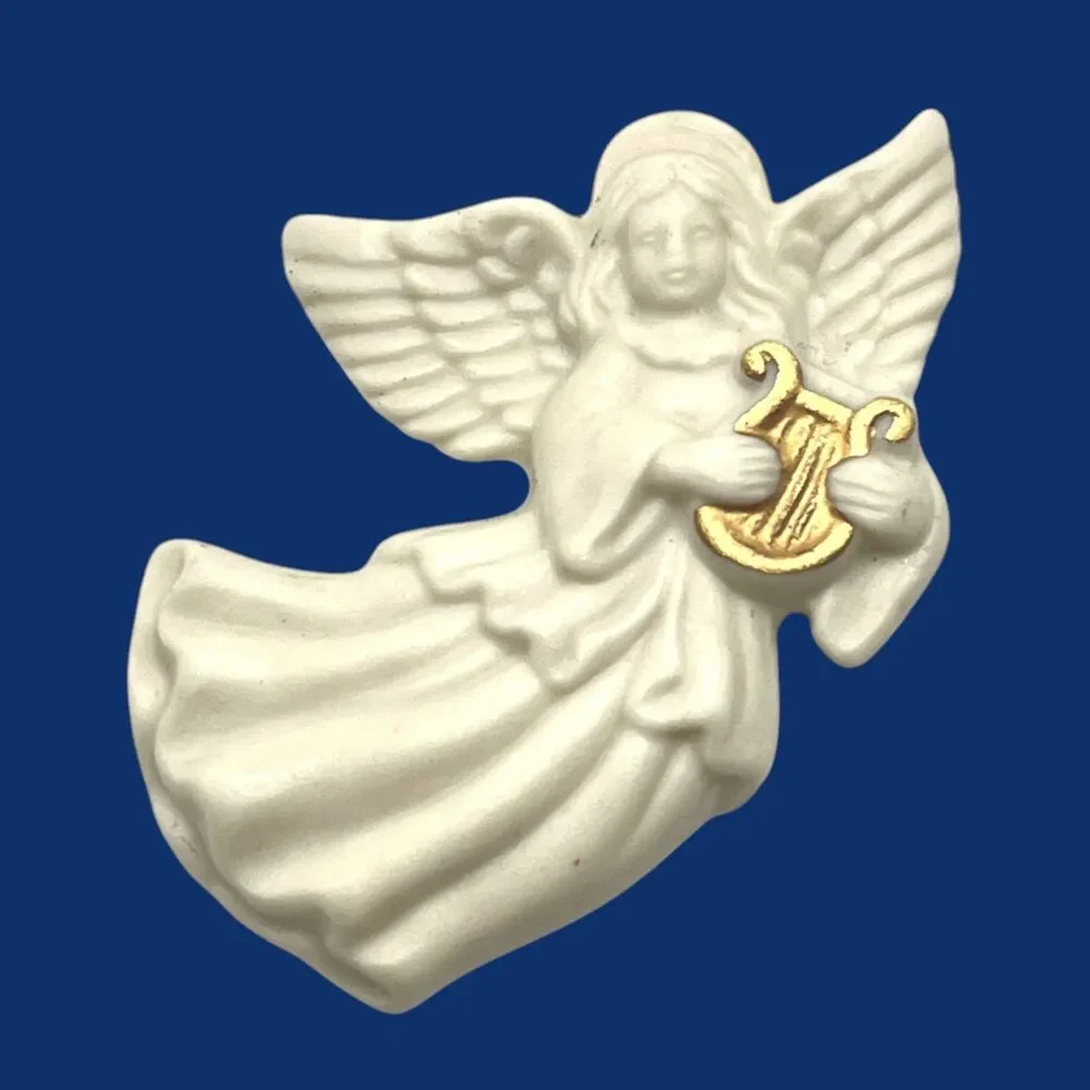 Vintage Lenox Angel Pin Brooch Porcelain Gold Harp Christmas Ceramic Celestial